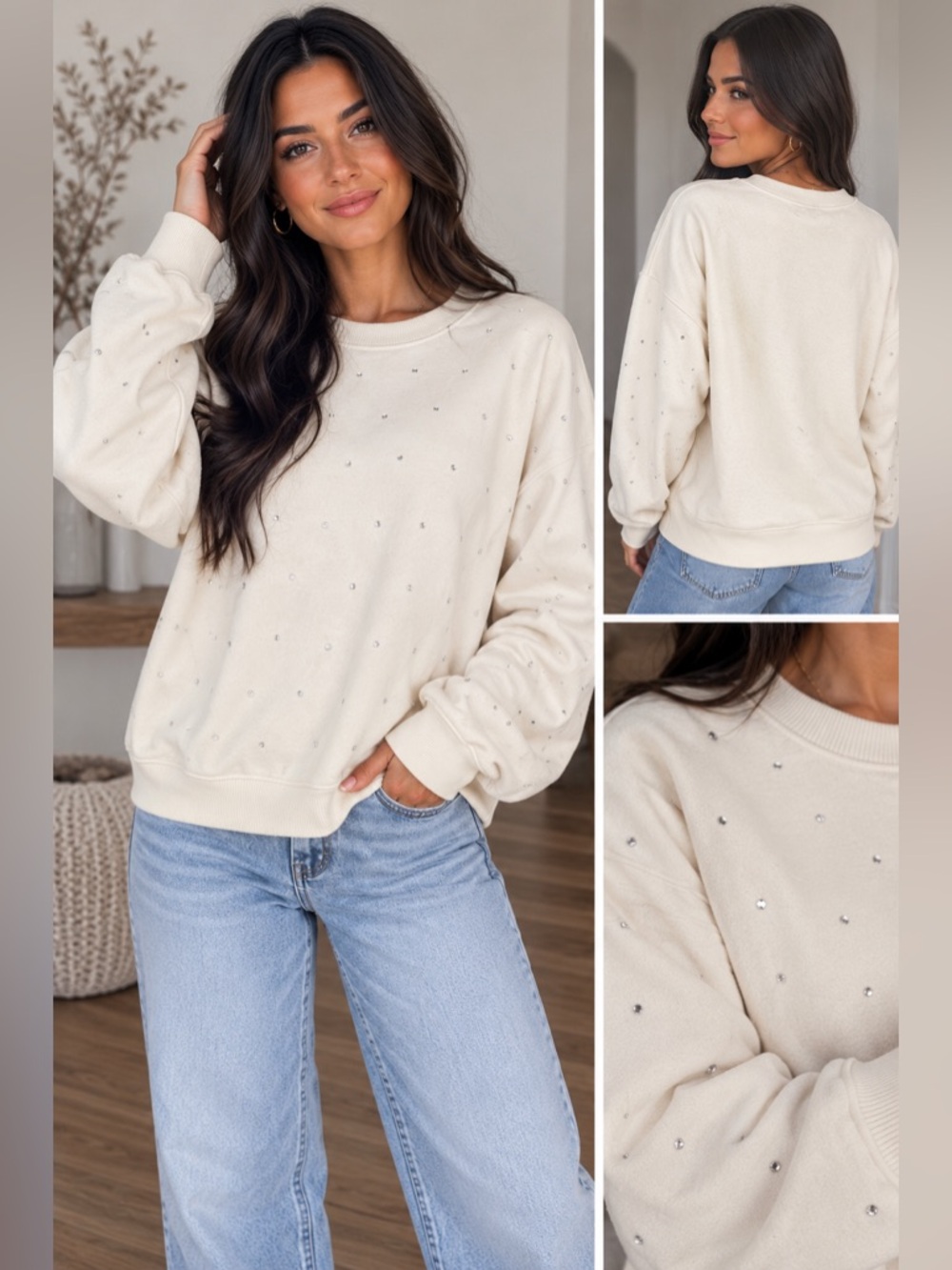 A New Day Cream Rhinestone Embellished Crewneck Sweatshirt